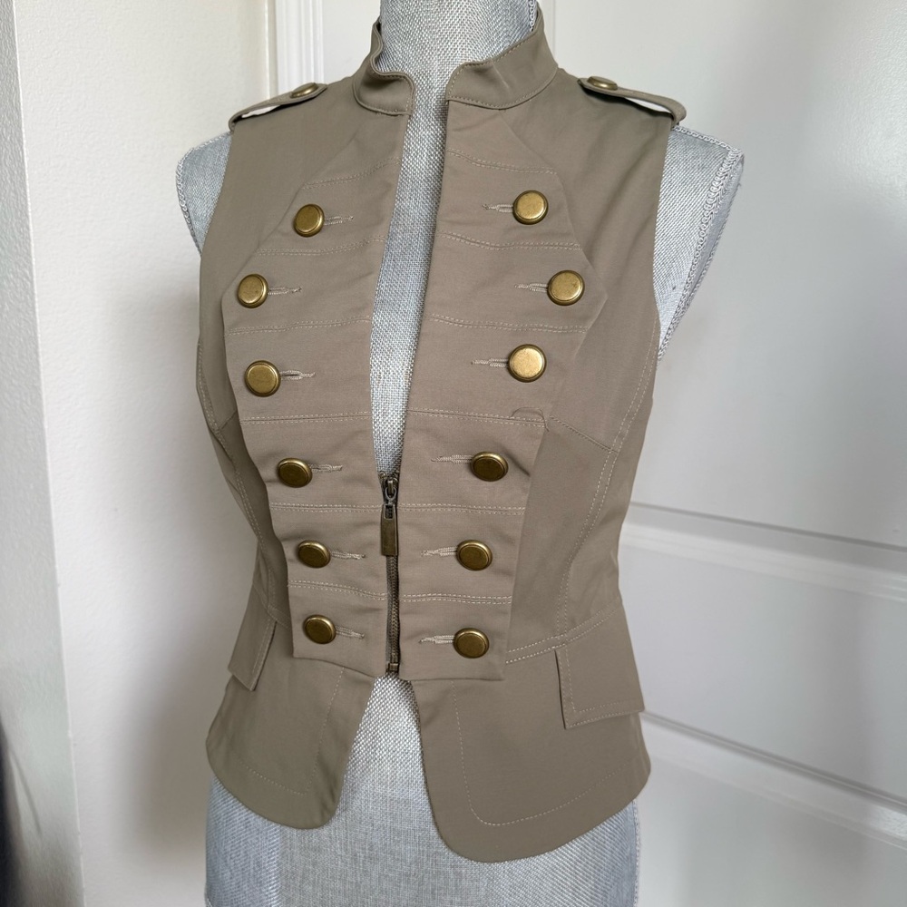 bebe Taupe Military-Style Sleeveless Vest with Brass Buttons
